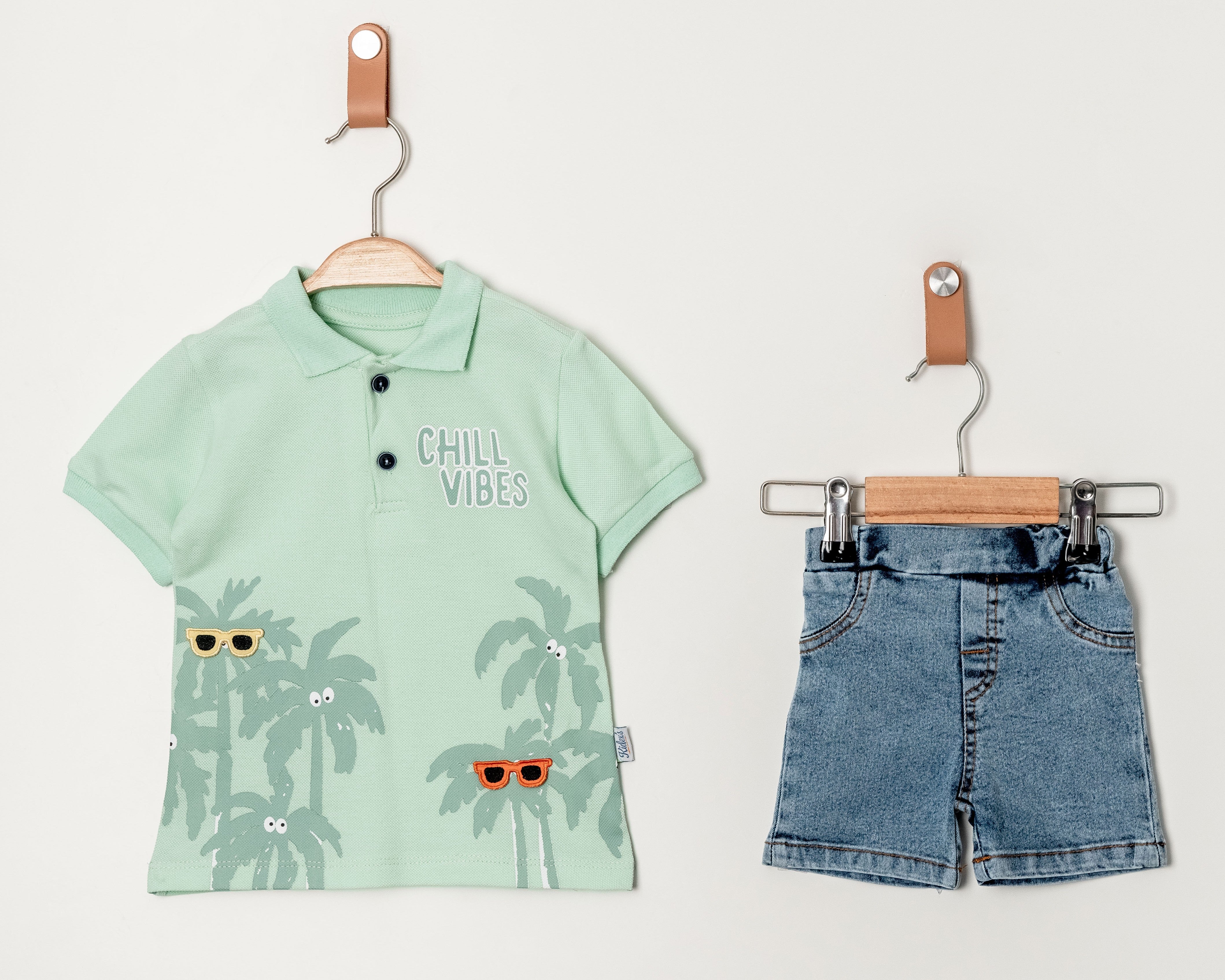 Erkek Bebek Chill Vibes Nakışlı Yazlık Polo Tişört ve Kot Şort Takım 6-24 Ay